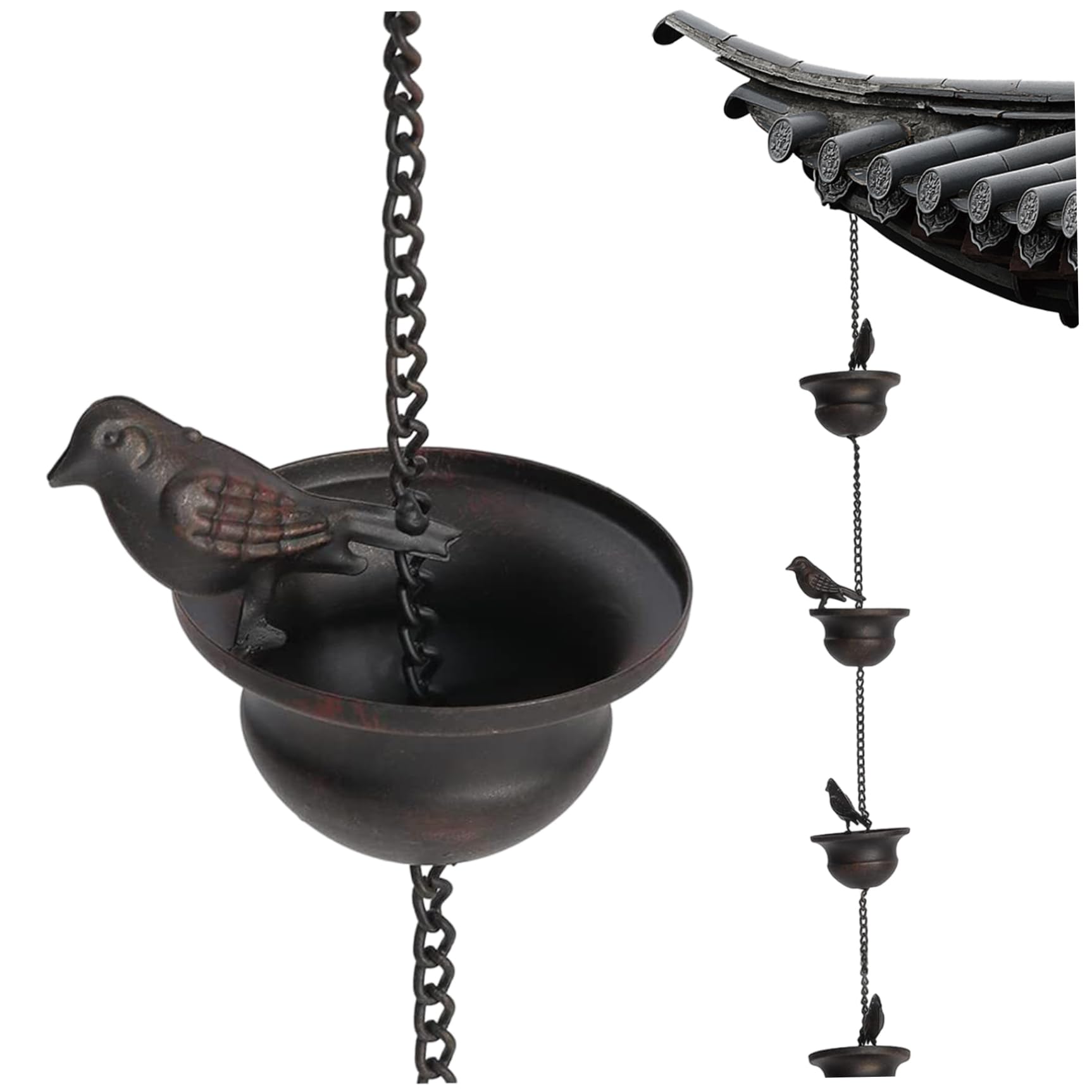 Cadena de lluvia, 2,4 m cadenas de lluvia de pájaros de metal para el exterior, cadenas de lluvia colgantes móviles para canaletas, receptores de lluvia decorativa a prueba de óxido para jardín exter