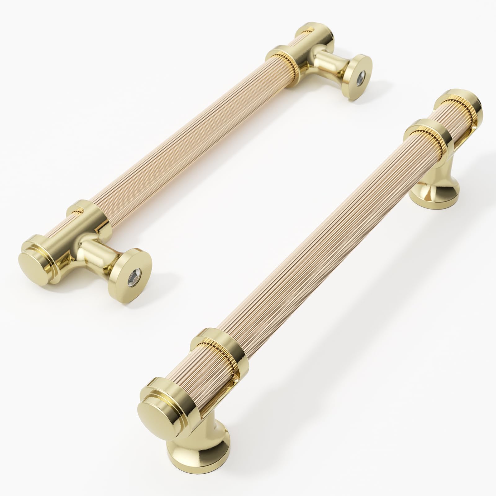 FURNIWARE 10 Pack Gold Cupboard Handles, 128mm (5 Inch) Hole Center, Color-Blocked Cabinet Pulls with Lines Design, Bright Gold Pull Handles for Kitchen, Drawer Dresser, Wardrobe, Furniture
