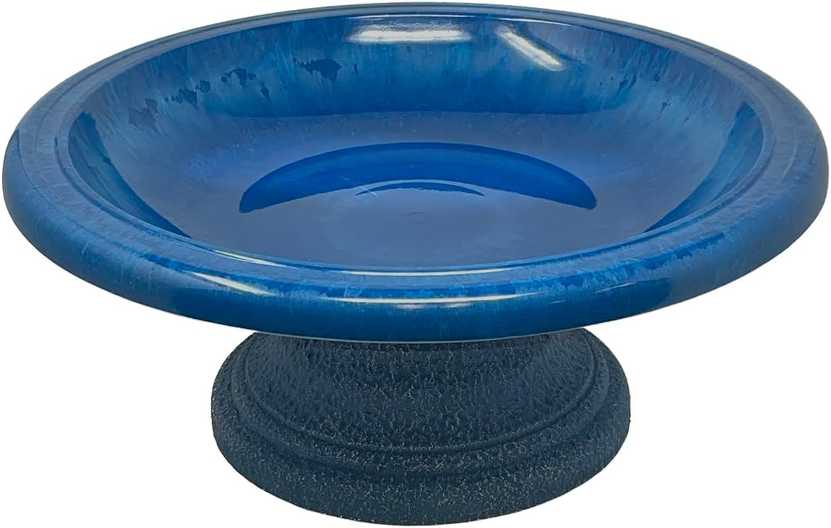 Fiber Clay Birdbath, Gloss Bowl, Low-Profile Base, Azure Blue, 19" D x 7.5" H 6.5 lbs