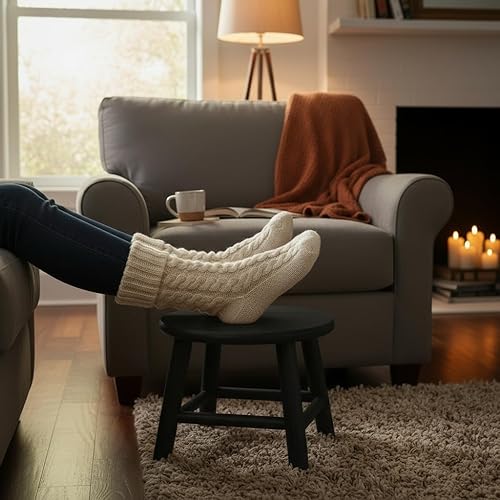 Miniatura 5 de CONSDAN Taburete redondo de 9 pulgadas para adultos y niños, otomano de madera maciza de roble macizo cultivado en Estados Unidos, taburete pequeño