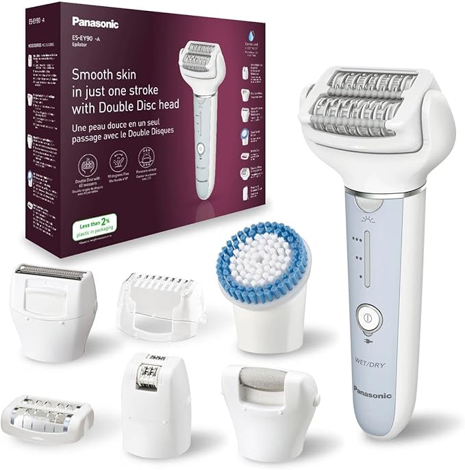 Panasonic ES-EY90 Epilatore Bagnato e Asciutto, Doppio Disco con 60 Pinzette, Testina Flessibile Pivotante a 90°, 3 Impostazioni di Velocità e Luce LED, 30 Minuti di Funzionamento, Testina Rasoio
