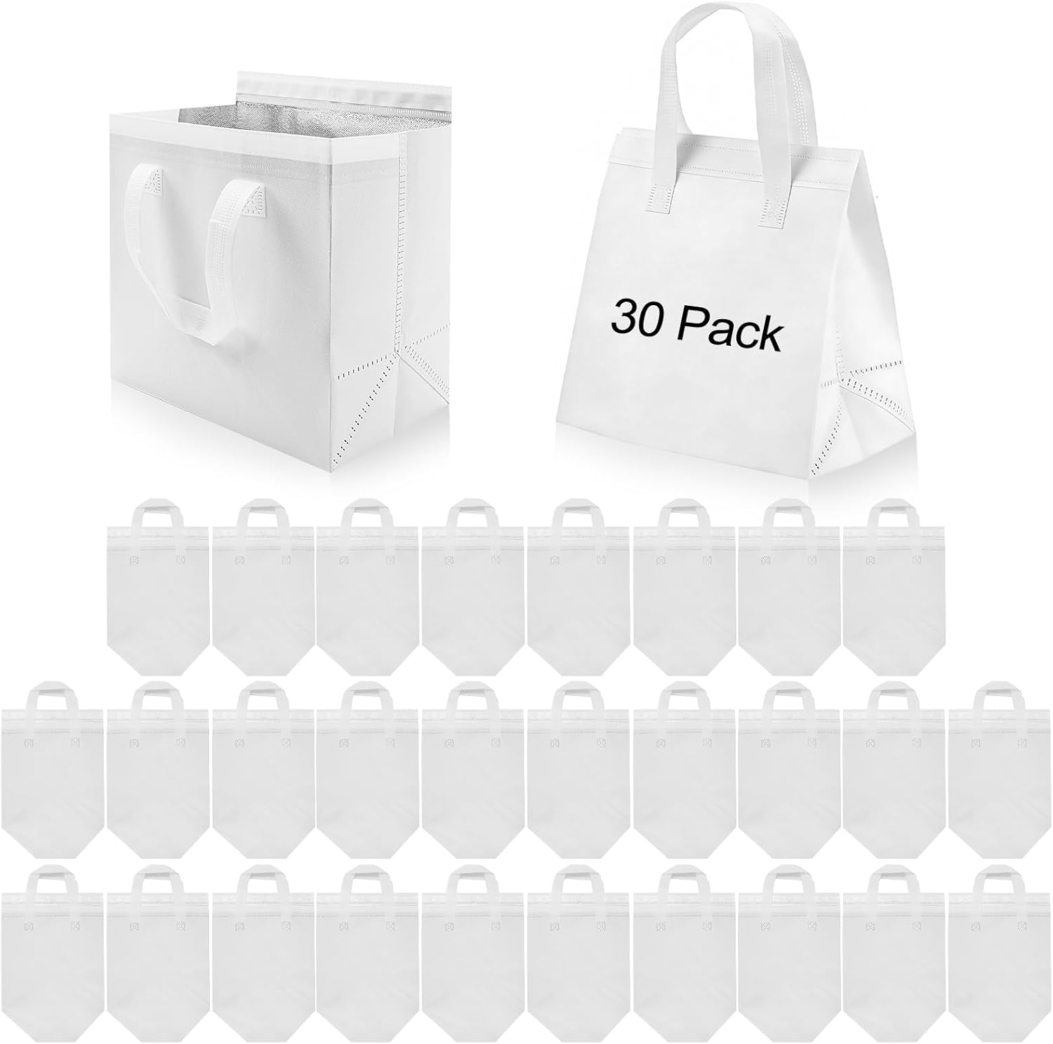 30 Pack Insulated Take Away Bags, White Reusable Grocery Bag Small Cooler Thermal Bag for Milk Tea, Hot Cold Food Delivery, 9.4 x 5.9 x 9.2 In