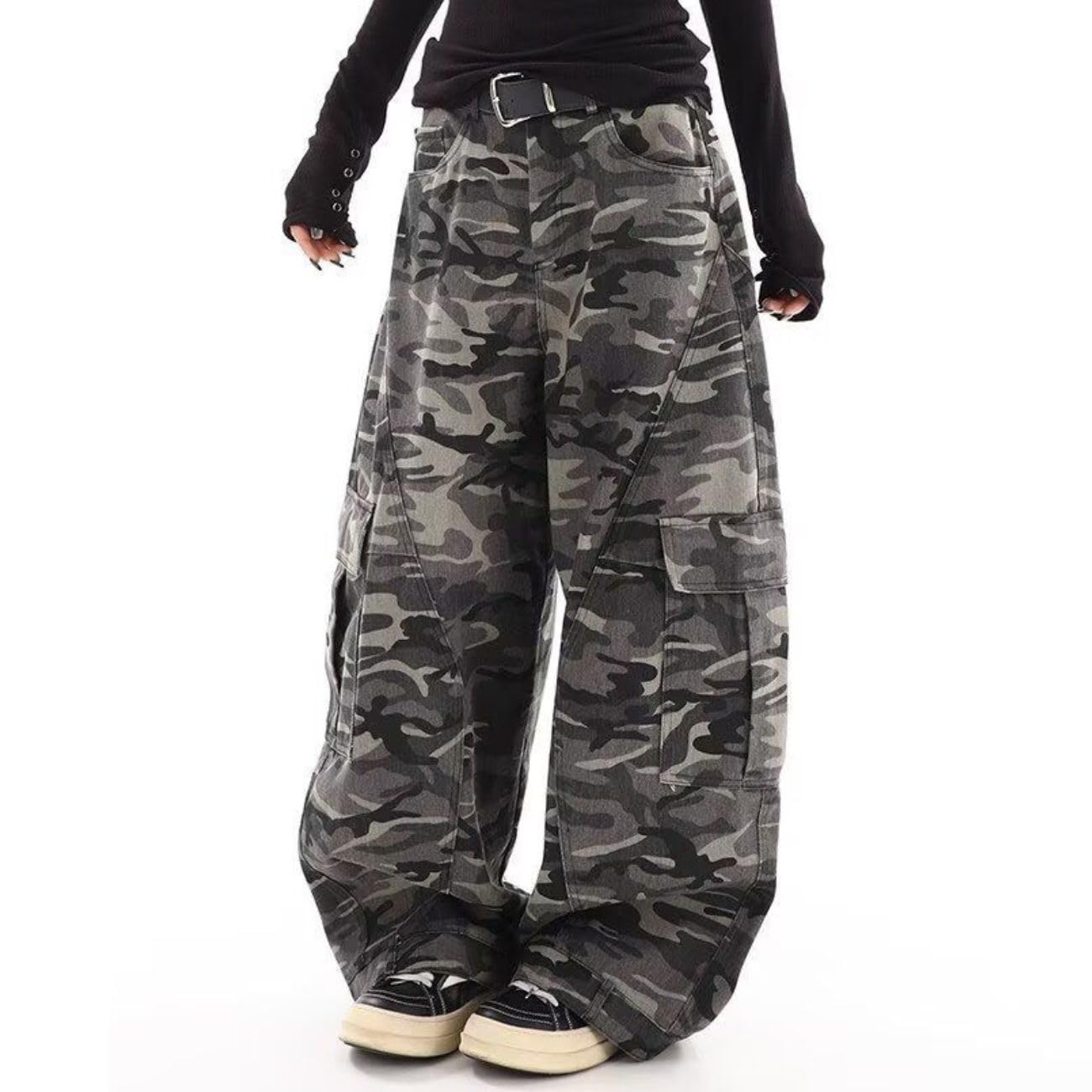 Camo Cargo Jeans for Women Wide Leg Barrel Denim Pants Printed Grunge Hip Hop Clothes Emo Casual Streetwear