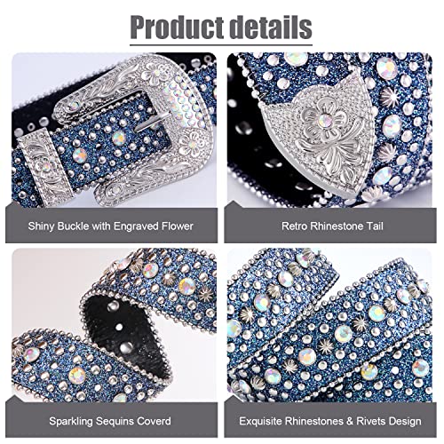 Fioretto Men Women Rhinestone Belt Western Studded Leather Belt Shine Crystal Bling Diamond Cowgirl Cowboy Waist Belt For Jeans Pants Blue M #TOP2