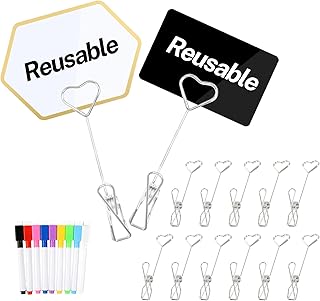 12Pcs Metal Double Sided Reuse Price Tag Holder Clips with 9 Color Chalk Markers and 24Pcs Erasable Tags for Cake Rack Price/Menu/Table Number/Bouquet Card/Picture/Sale Retail Display (Silver)