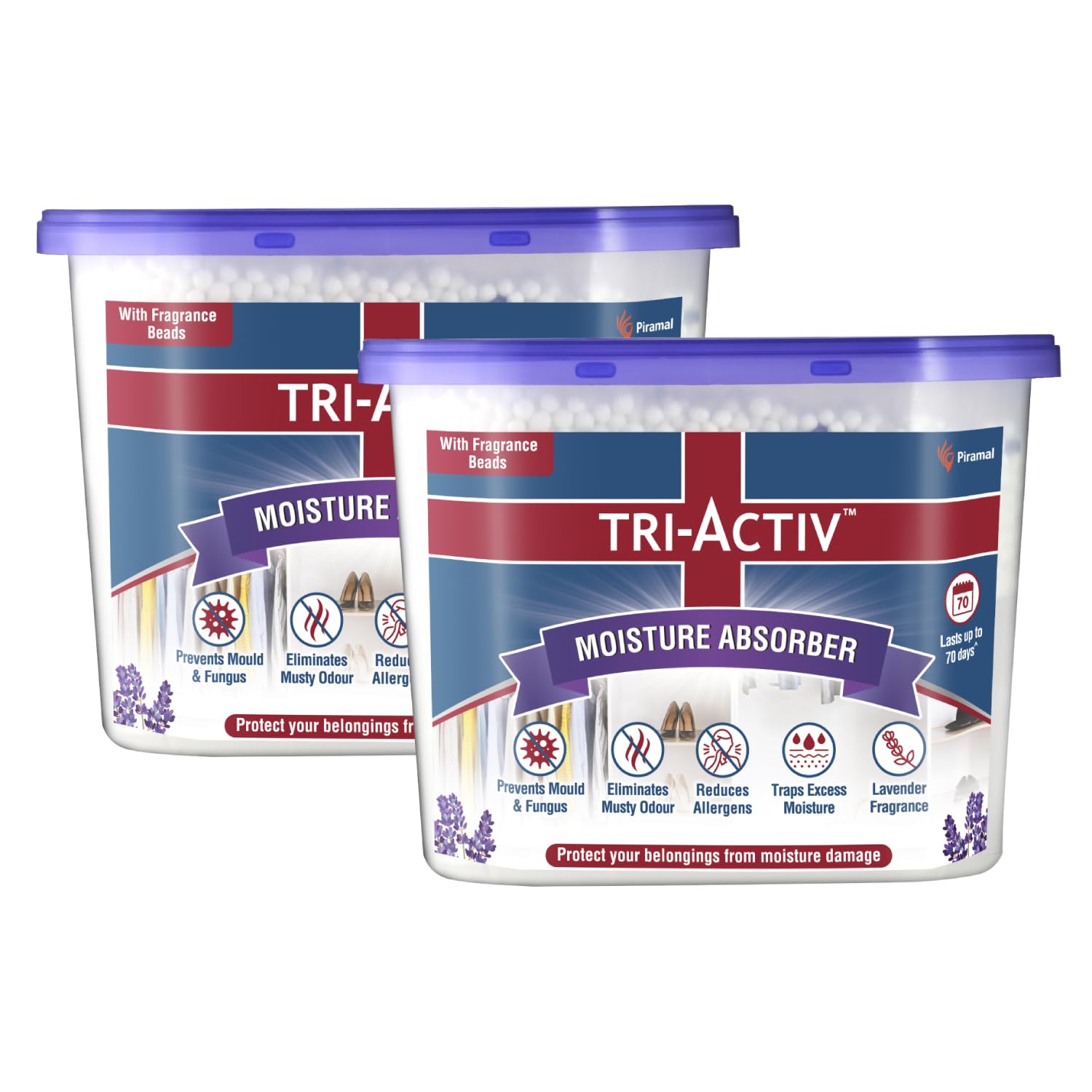 Tri-Activ Moisture Absorber | Absorbs upto 600ml Each|Pack of 2 | Dehumidifier for Room Moisture | Air Freshener & Humidity Absorber for Wardrobe, Toilet & Car | Prevents Mould, Fungus, Odour|Lavender