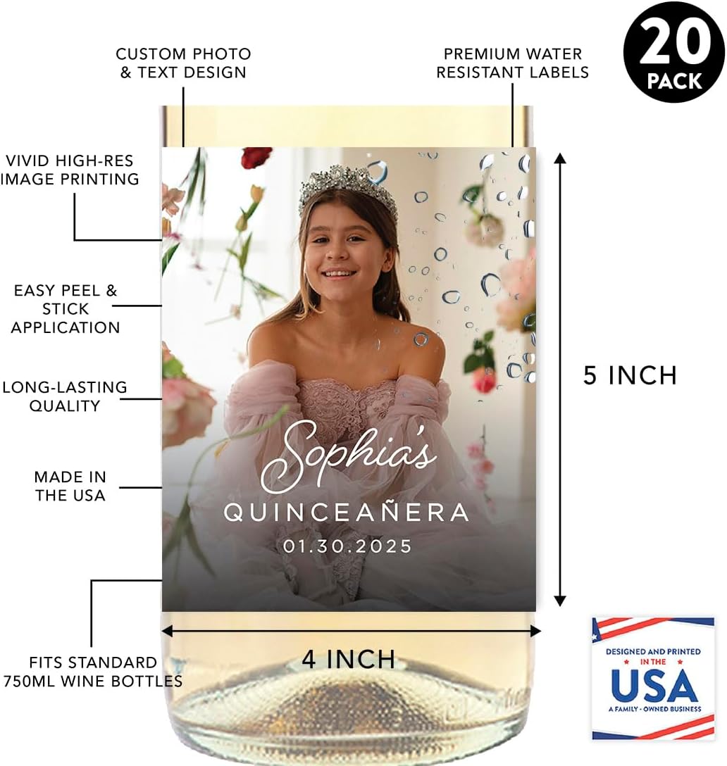Andaz Press Personalized Photo Wine Bottle Labels, Bulk 20-Pack, Custom Labels for Bottles, Customized Wedding, Graduation, Birthday