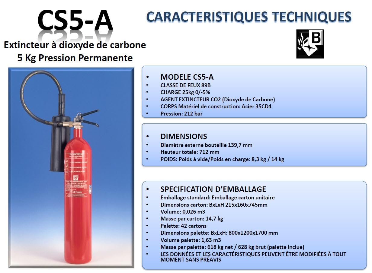 EXTINCTEUR CO2 5KG Norme NF avec Support Fire Shop