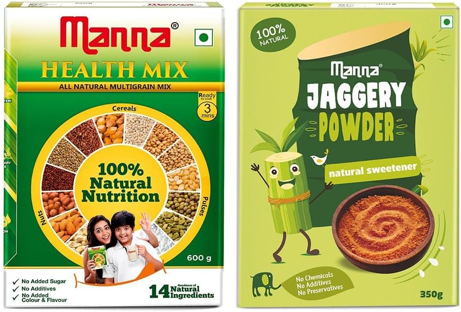 Manna Health Mix 600g & Manna Jaggery Powder 350g Combo Pack. All Natural Nutrition Drink & Natural Sweetner for kids