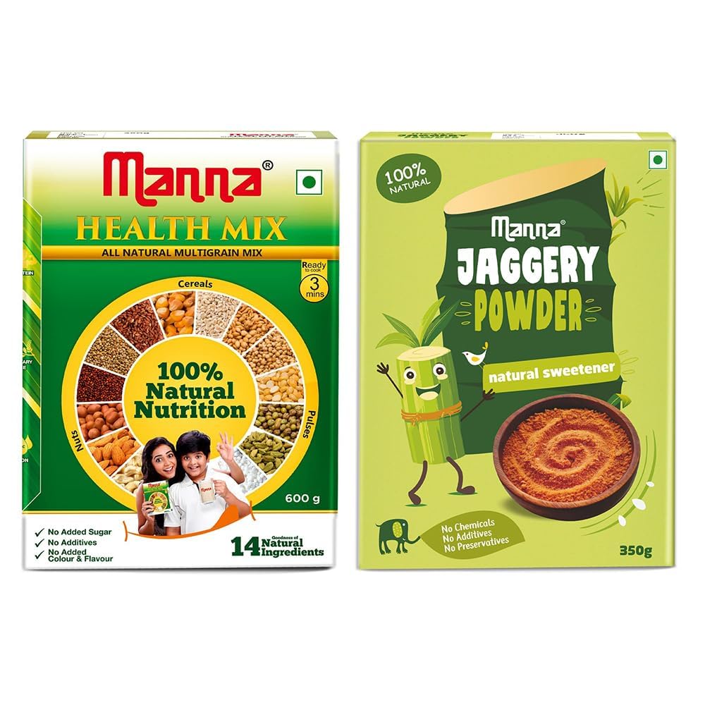 MannaHealth Mix 600g & Manna Jaggery Powder 350g Combo Pack. All Natural Nutrition Drink & Natural Sweetner for kids