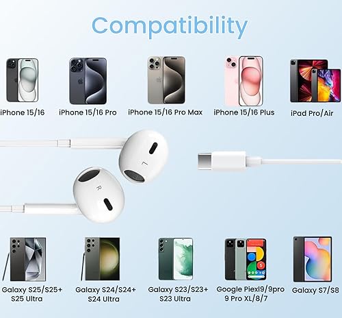 Miniatura 6 de Paquete de 2 auriculares USB C para iPhone 15, auriculares intrauditivos con cable tipo C con micrófono y control de volumen compatibles con iPhone