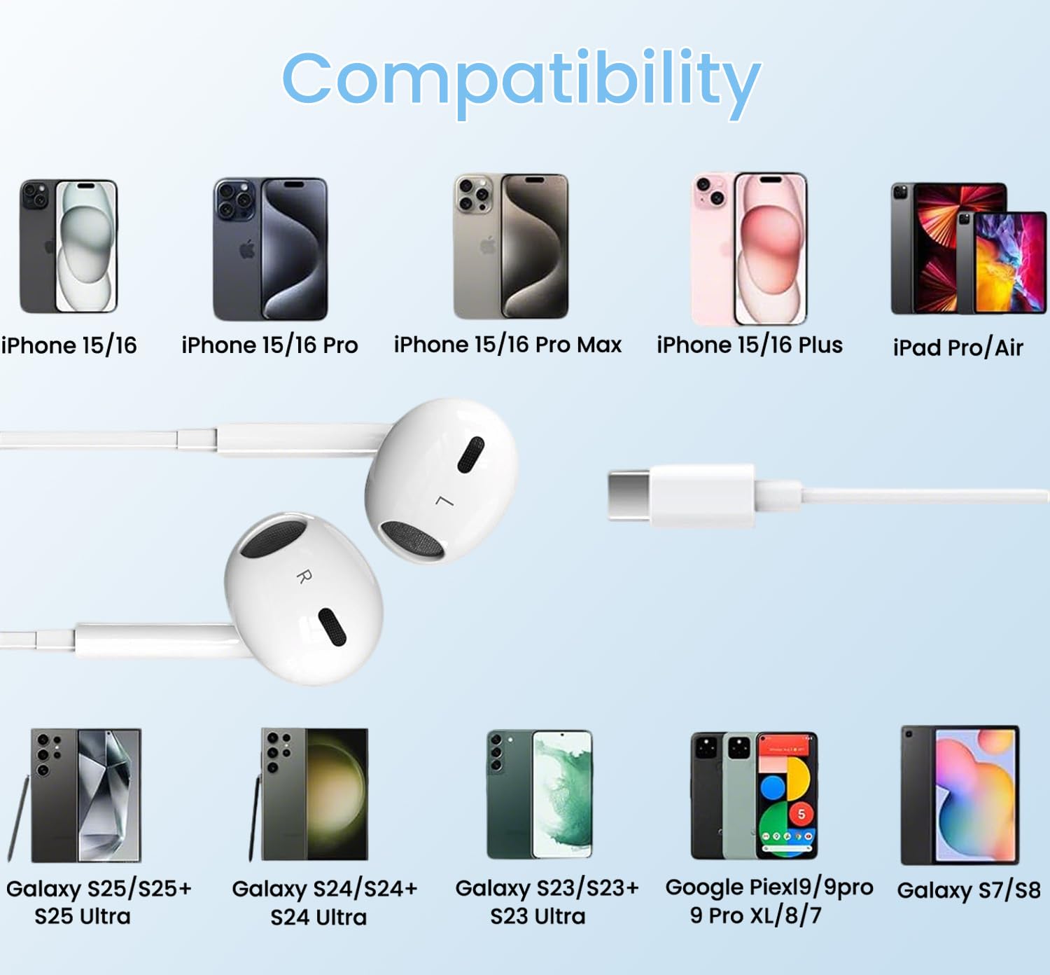 2 Pack USB C Headphones for iPhone 15, Wired in-Ear Earphones Type C Earbuds with Mic & Volume Control Compatible with iPhone 16/15 Pro/Pro Max, iPad Pro, Most USB C Jack Device