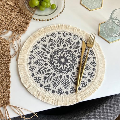Bishilin Platzdeckchen Abwaschbar Boho, Tischsets 2er Set Rund 33CM Blumen Motiv Gewebt Platzsets Stoff rutschfest Beige Schwarz für Holztisch Esstisch