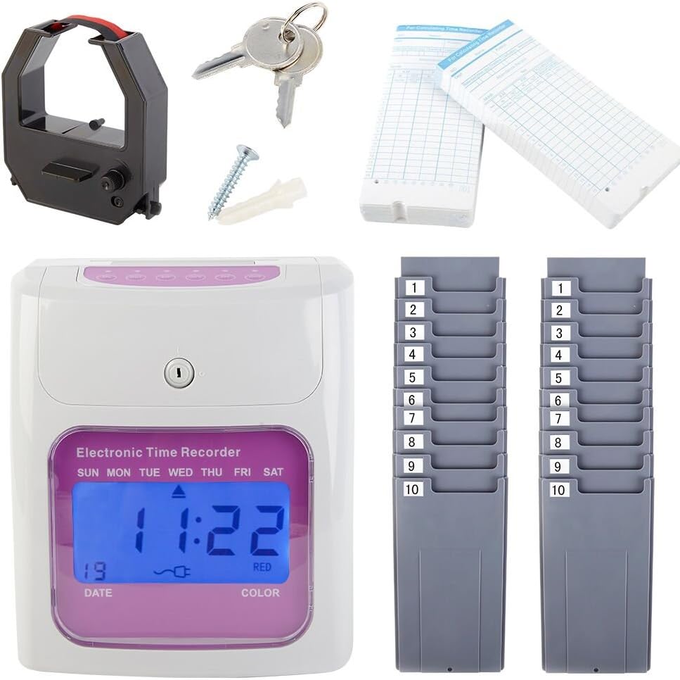 Automatic Statistical Time Clock Bundle with 100-Cards,2 Sets 10-Slot Card Racks,Calculating Machine for Business