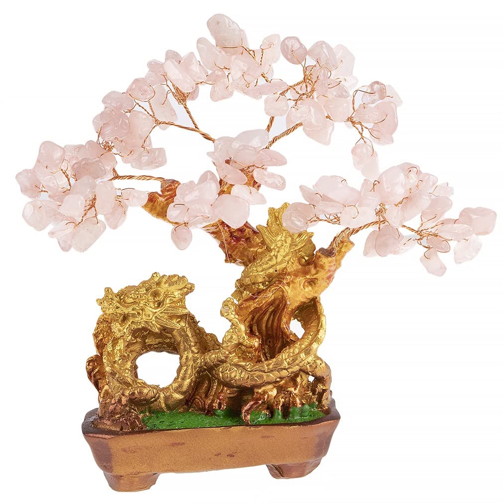 lachineuse - Drachenbaum aus Rosenquarz - Feng Shui Baum 19 cm - Asiatische japanische Drachendekoration - Glücksbaum mit goldenem Drachen - Asiatische Edelsteindekoration - Japanisches Zen-Objekt