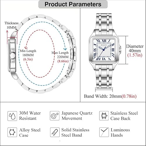 Miniatura 5 de Classic Square Watch for Men with Vintage Roman Numeral and Solid Stainless Steel Band