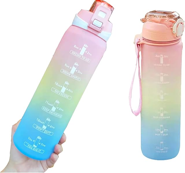 1 Litre Large Water Bottle with Straw & Motivational Time Marker Reminder, BPA Free Leak-proof Water Bottles for Fitness, Gym and Outdoor Sports