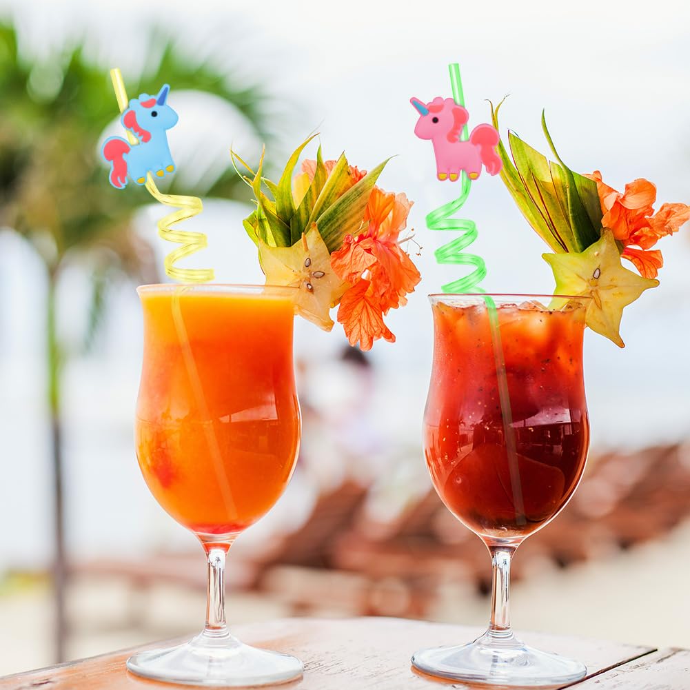 AUAUY Pajitas de plástico, 16 pajitas reutilizables, pajitas de plástico rizadas de unicornio, pajitas de verano para piscina hawaiana para fiestas de cumpleaños, decoración de Navidad, accesorios
