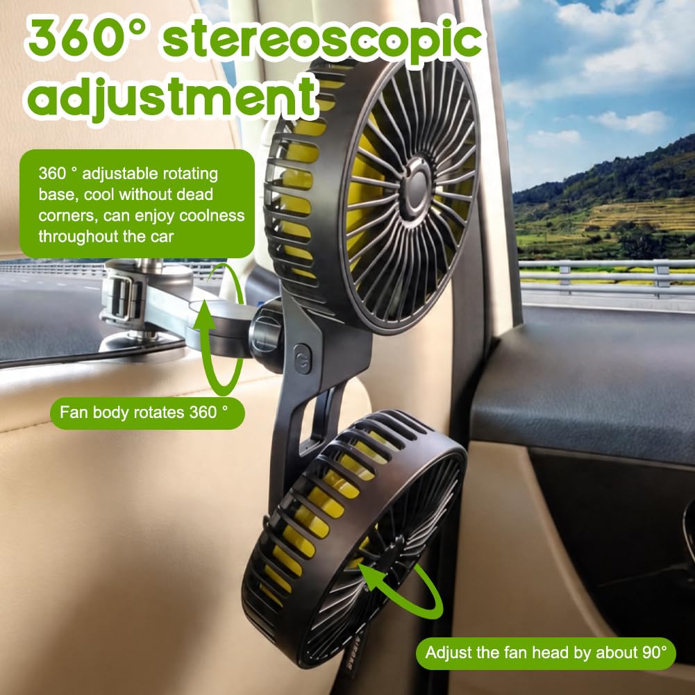 Ventilatore per auto, sedile posteriore, ventilatore a 360°, mini ventilatore a 3 marce, potente ventilatore silenzioso, per casa, ufficio, auto, sedile posteriore