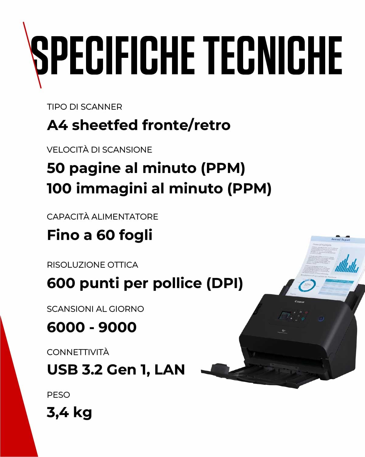 Canon imageFORMULA DR-S250N Scanner Documenti LAN Gigabit USB 3.2 Alimentatore 60 Fogli 50 Pagine/min CaptureOnTouch