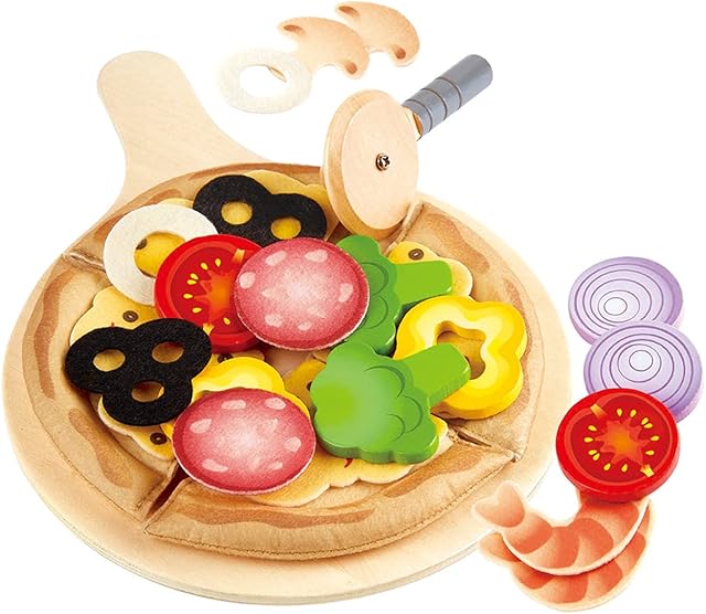 Hape E3173 zestaw do zabawy pizzy, z dużą ilością dodatków, czarny