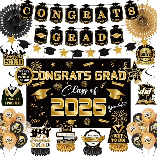Déco diplôme 2026 noir et or avec bannière classe de 2026 et ballons collège lycée