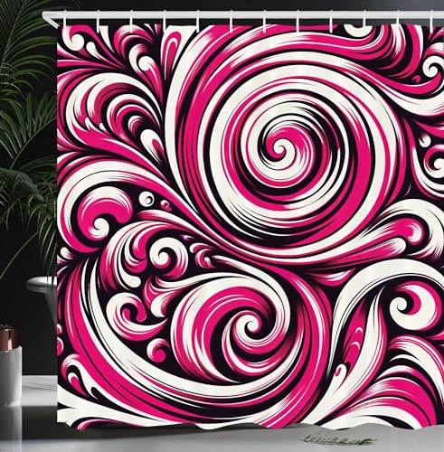 Ambesonne Pink Shower Curtain, Abstract Retro Bubblegum Vibe Twirly Tricolor Circles Splashing Fun Print, Cloth Fabric Bathroom Decor Set with Hooks, 69" W x 70" L, Magenta White Black