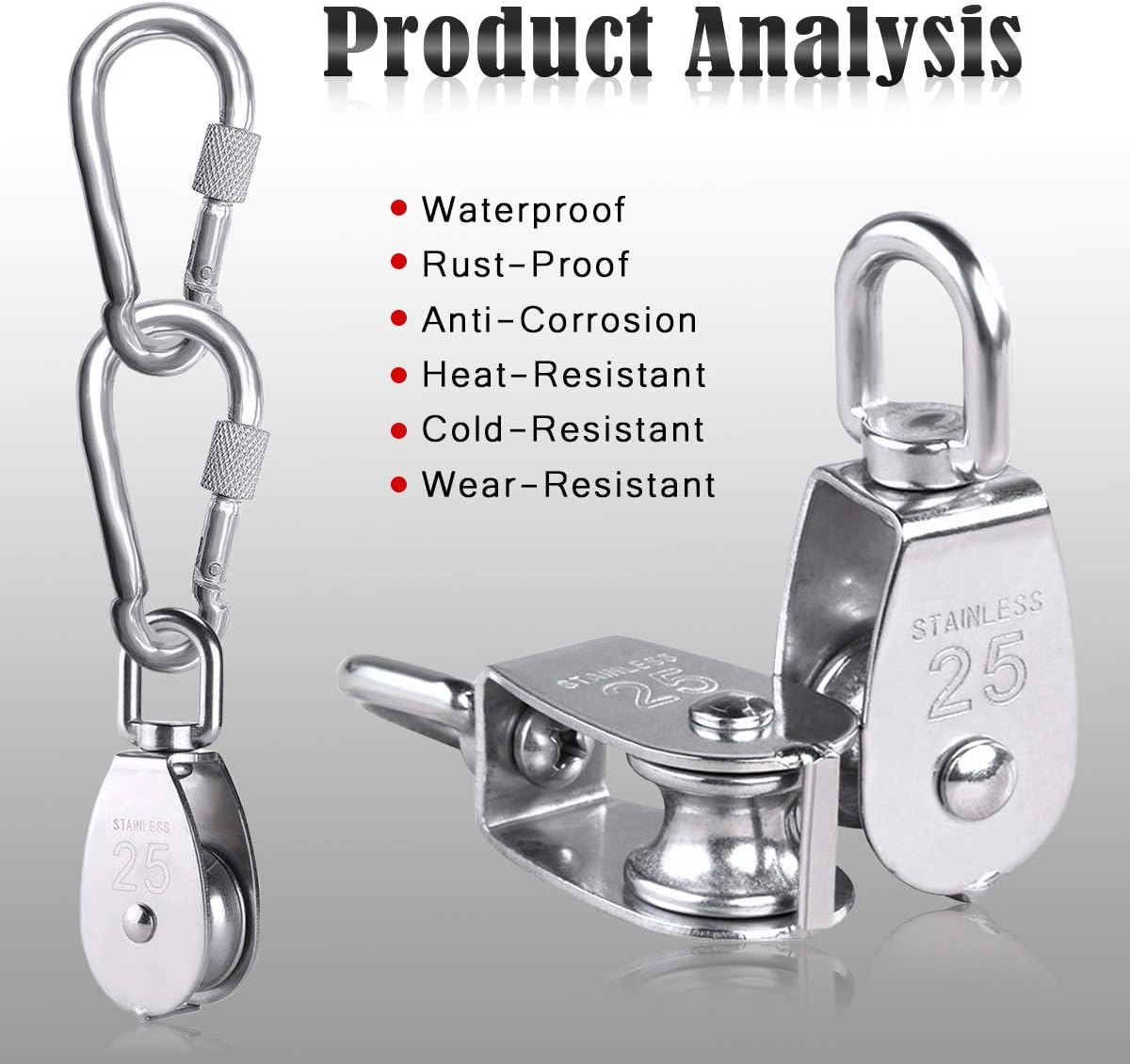 2pcs M25 Single Pulley Block with 3pcs Spring Snap Hook Carabiner, Heavy Duty 304 Stainless Steel Pulley Roller & 3'' Spring snap Hooks, Pully Crane Swivel Hook Wire Rope Cable Loading 331lbs/150 kg