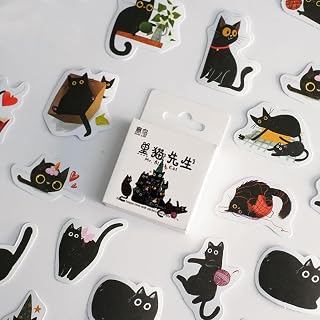 46피스 귀여운 고양이 스티커 만화 스티커 귀여운 검은 고양이 스티커 비닐 방수 고양이 스크랩북 노트북 전화 기타 물병 스케이트보드용 (블랙 고양이)