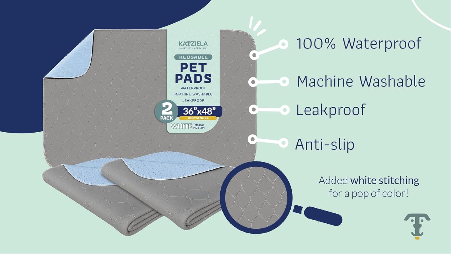 Katziela Washable Pet Pads (2 Pack 36in x 48in)Super Absorbent Waterproof Reusable Dog Pee Pads for Dogs Washable Puppy Pads for Potty Training Housebreaking Washable Pee Pads for Dogs White Stitching