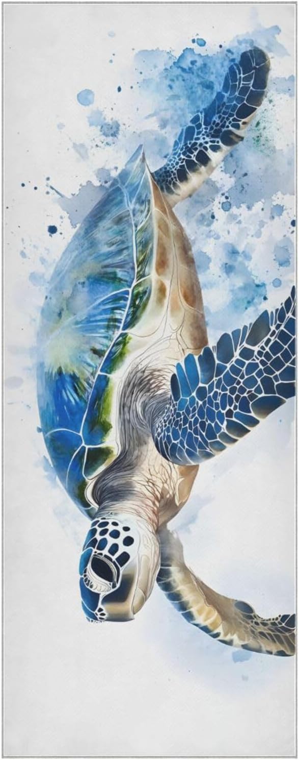 Yoga Mat Towel with Silicone Grip Dot Watercolor Blue Turtle – 73"x27" Non-Slip Sweat Absorbent Microfiber Yoga Towel for Home Gym Studio