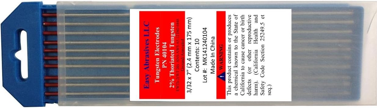 Easy Abrasives 40104 2% Thoriated Tungsten Electrode (EWTh-2), 3/32" x 7", Red (Pack of 10)