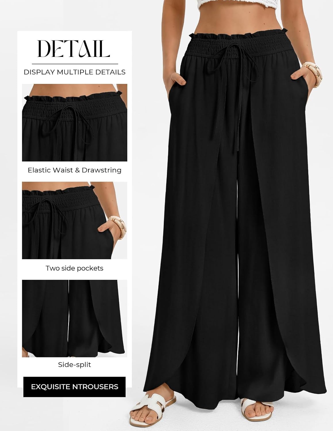 GRACE KARIN Womens Wide Leg Summer Pants Flowy Side Split Palazzo Beach Pants Boho Drawstring High Waisted Trousers - Image 4