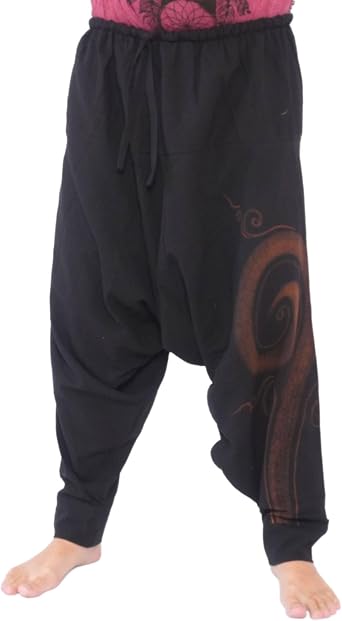 Jing Shop Harem Pants Cotton One Size Unisex Boho Baggy Trousers | 100% Breathable Cotton | Elastic Waist 2644 | Boho Spiral Print for Yoga, Beach, Travel & Festivals