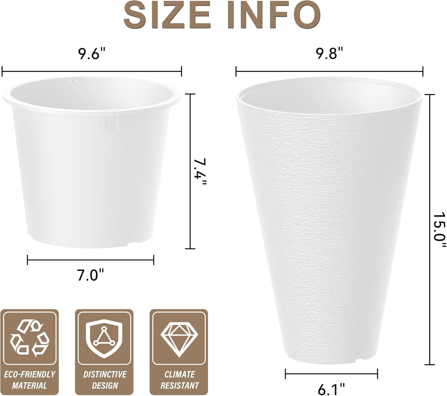 Kante Tall Round Planter Set of 2, 15 Inch Tall Decorative Planter Pots for Outdoor Indoor Garden Patio Front Porch (White)