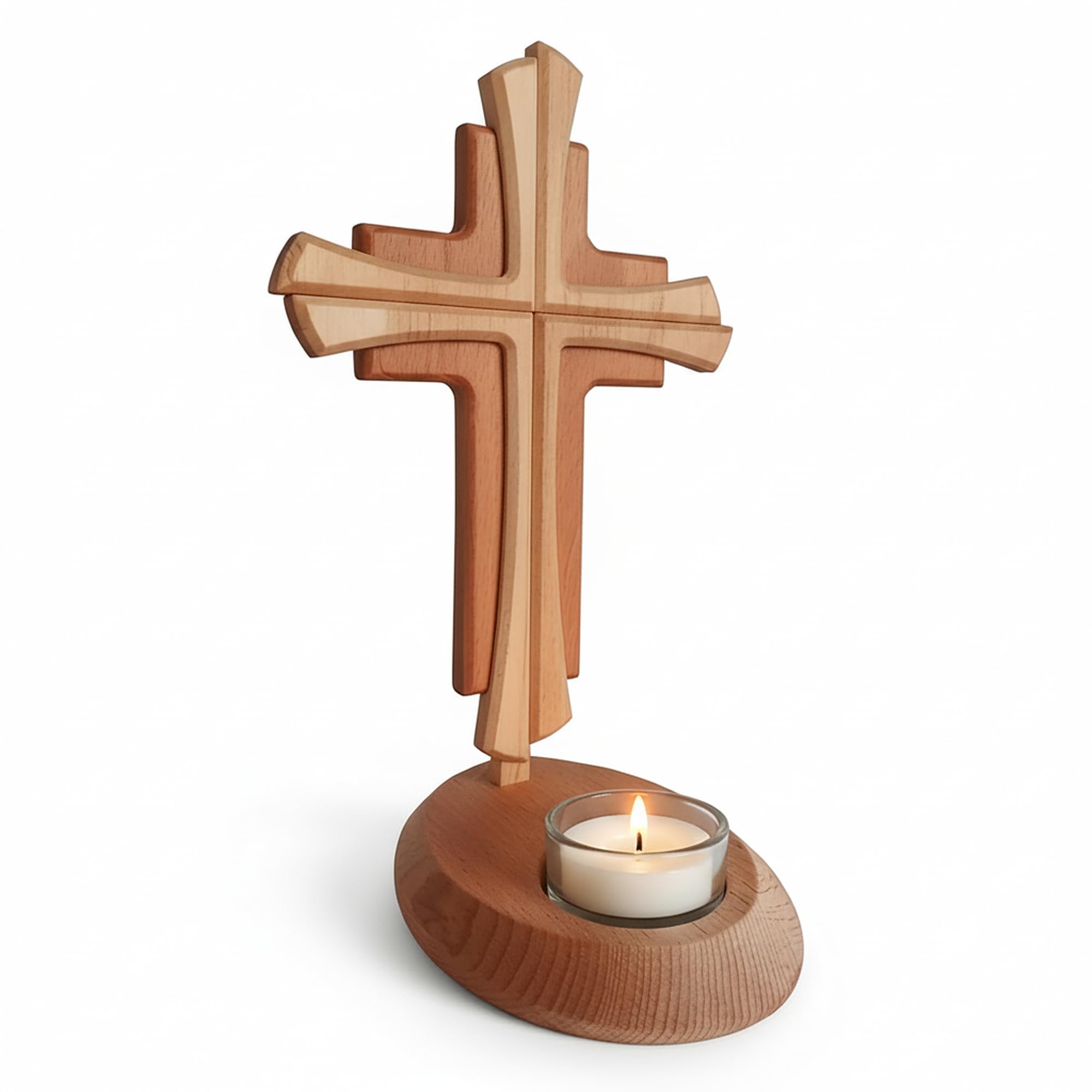 Modernes Echtholz Kreuz mit Kerzenhalter – 25 cm Standkreuz aus Buche & Ahorn – Christliche Geschenkidee zur Kommunion, Taufe, Firmung & Weihnachten