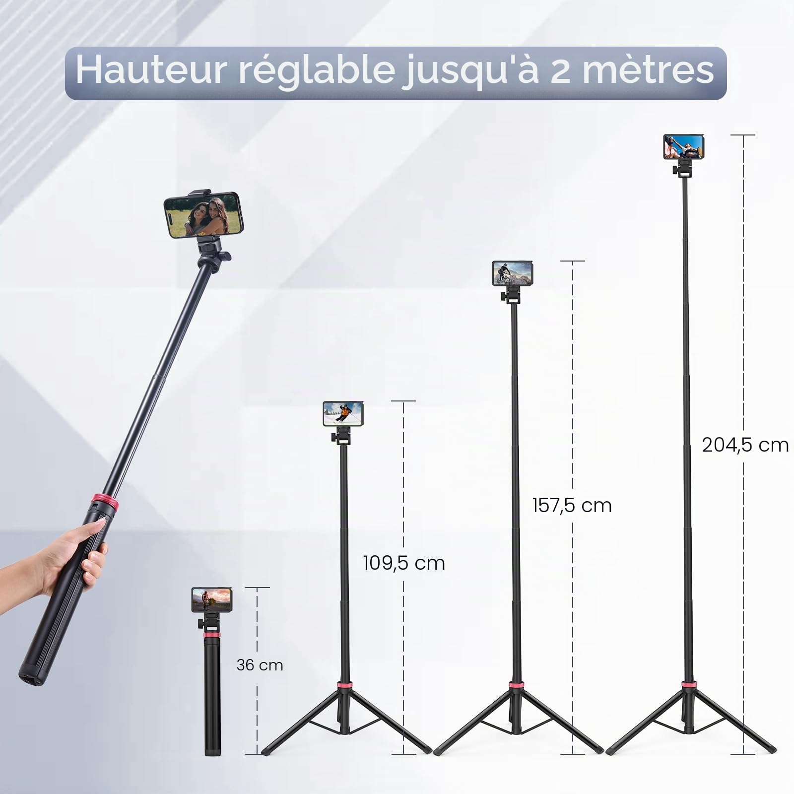 Trépied pour téléphone Portable ULANZI MT-79, Perche à Selfie Extensible de 204cm en Aluminium, trépied pour Appareil Photo avec réglage d'angle à 180° et vis 1/4" pour Lampe vidéo pour Smartphone