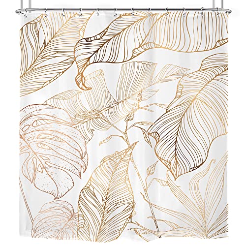 Omifly White Gold Tropical Leaves Shower Curtain 72Wx72H Inch Banana Leaf Palm Tree Bathroom Set Abstract Copper Botanical Nature With 12 Plastic Hooks Fabric Waterproof Toilet Accessories Decor #TOP4