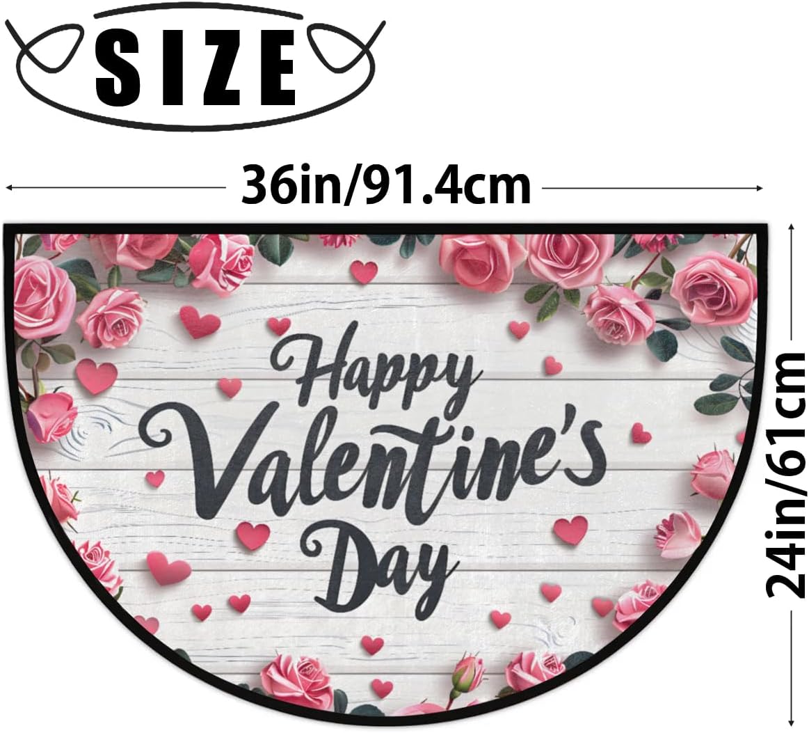 Half Round Door Mat Valentine's Day Rose Wood Heart Non-Slip Semi Circle Area Rug Washable Semi Circle Floor Rug for Indoor Outdoor Living Room Bathroom Kitchen Patio Hearth Rugs Home Decoration