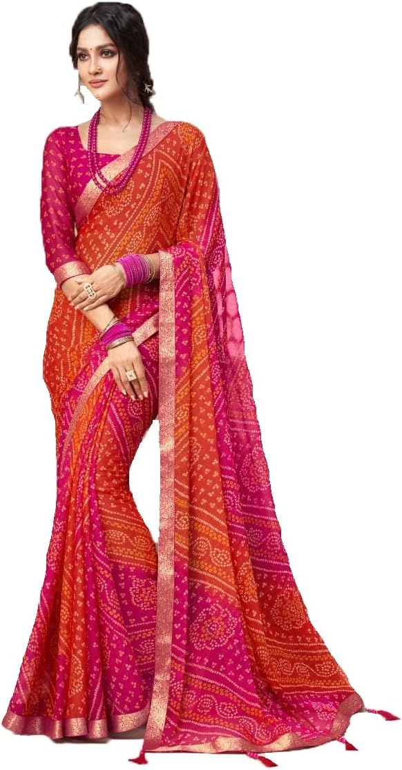 Jaanvi fashionJaanvi fashion Women's Chiffon Bandhani Printed Saree With Solid Self Printed Unstitched Blouse Piece