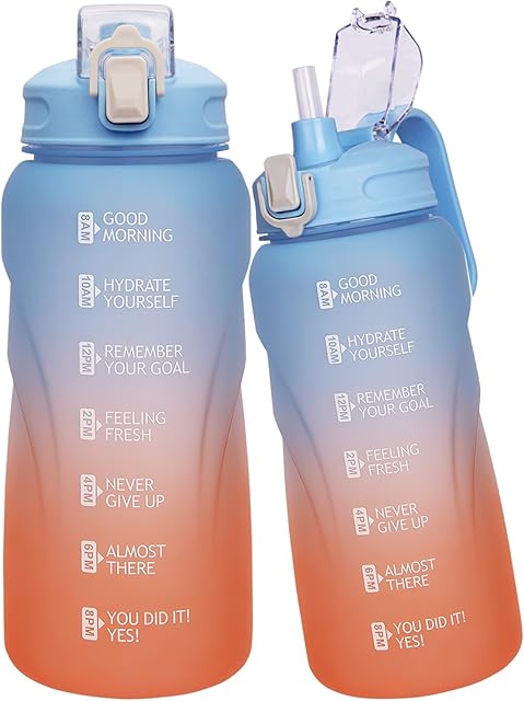 Justfwater 2L Sport Motivational Water Bottle with Straw BPA Free Drinking Bottle 2 Litre with Time Marker for Fitness Gym