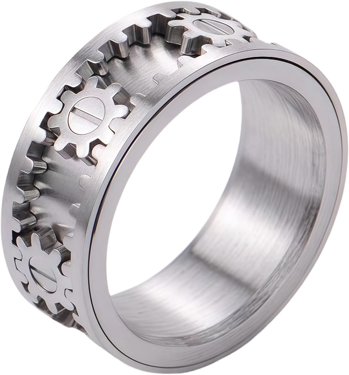 Fidget Rotatable Gear Spinner Ring - Titanium Steel Steampunk Mechanical Anxiety Relief Ring, Silver Unisex Accessory for EDC