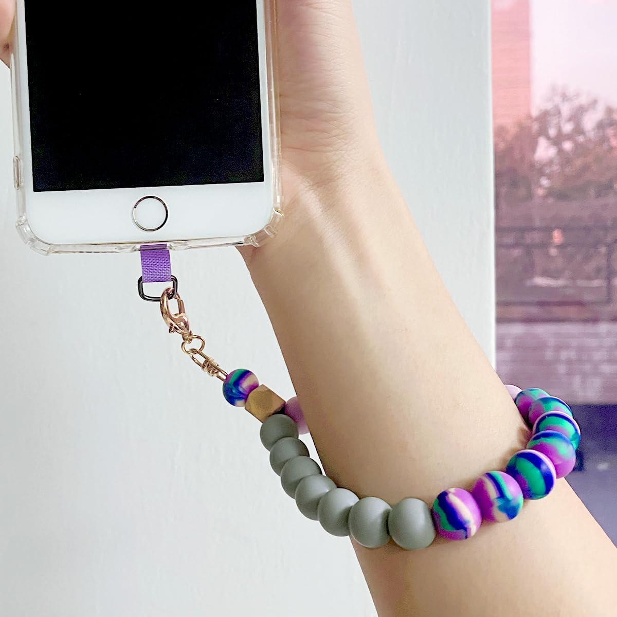 Marble Silicone Beaded Phone Wrist Strap, Cellphone Lanyard with Tether Tab, Elastic Hands-Free Wristlet Bracelet - Image 3