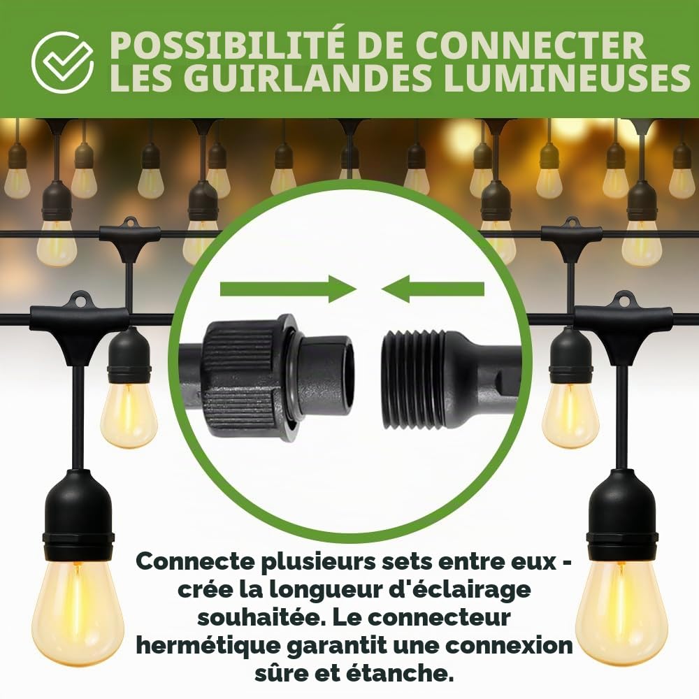 KRUMAD Guirlande lumineuse LED extérieur 10m, ampoules E27 blanc chaud 2700K, IP44 résistant aux intempéries, éclairage de fête pour jardin, balcon, terrasse, guirlande lumineuse extérieure pour