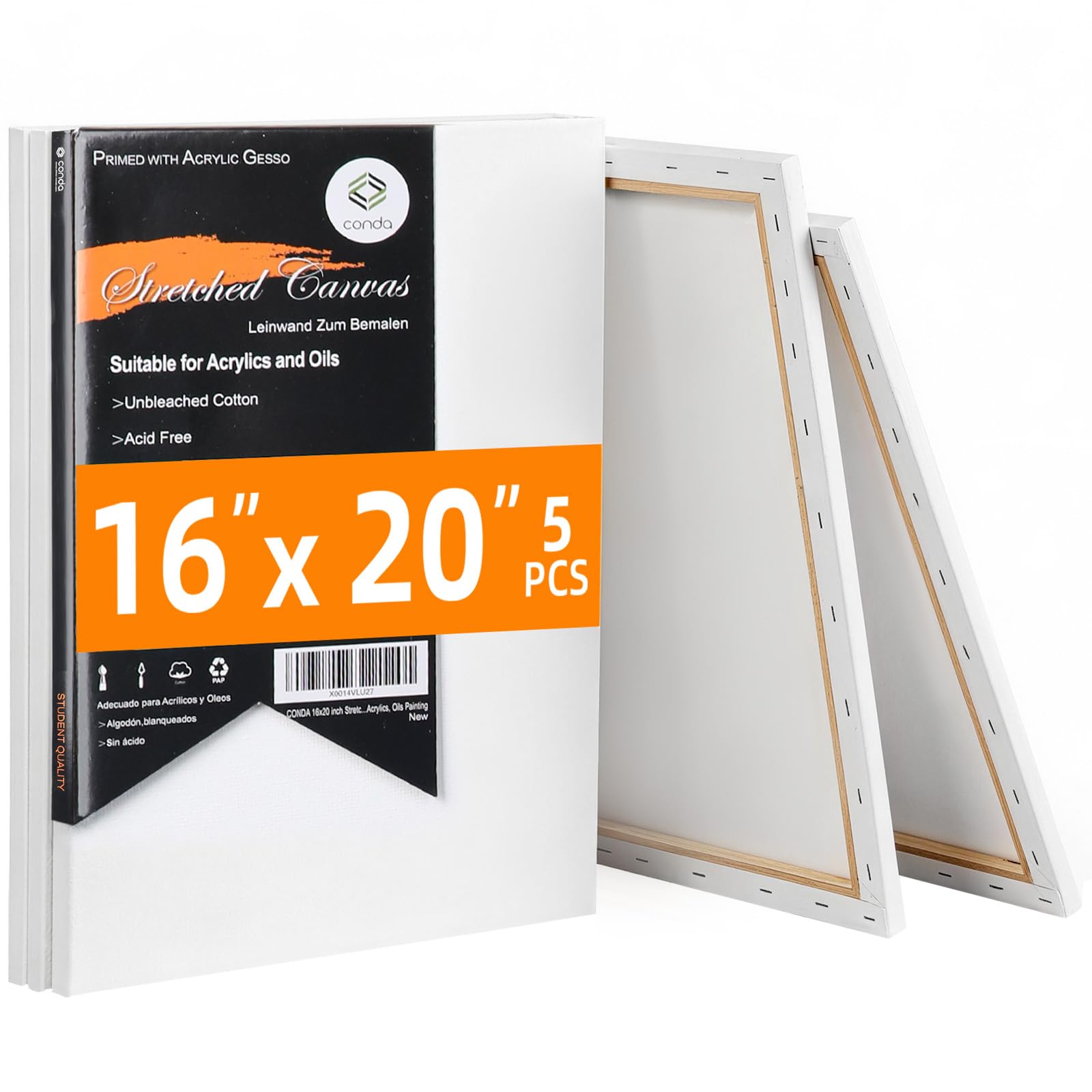 CONDA 16x20 inch Stretched Canvas for Painting, 5 Pack Primed Large Canvas, Primed Acid-Free Cotton 5/8 Inch Profile Value Bulk Pack for Acrylics, Oils Painting