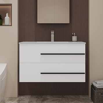 900mm Wall Mounted Bathroom Vanity Unit with Basin, Ceramic Basin, Floating Fluted Cloakroom Vanity Cabinet, White High Gloss, 2 Soft-Close Drawers, Single Tap Hole, Black Metal Handles