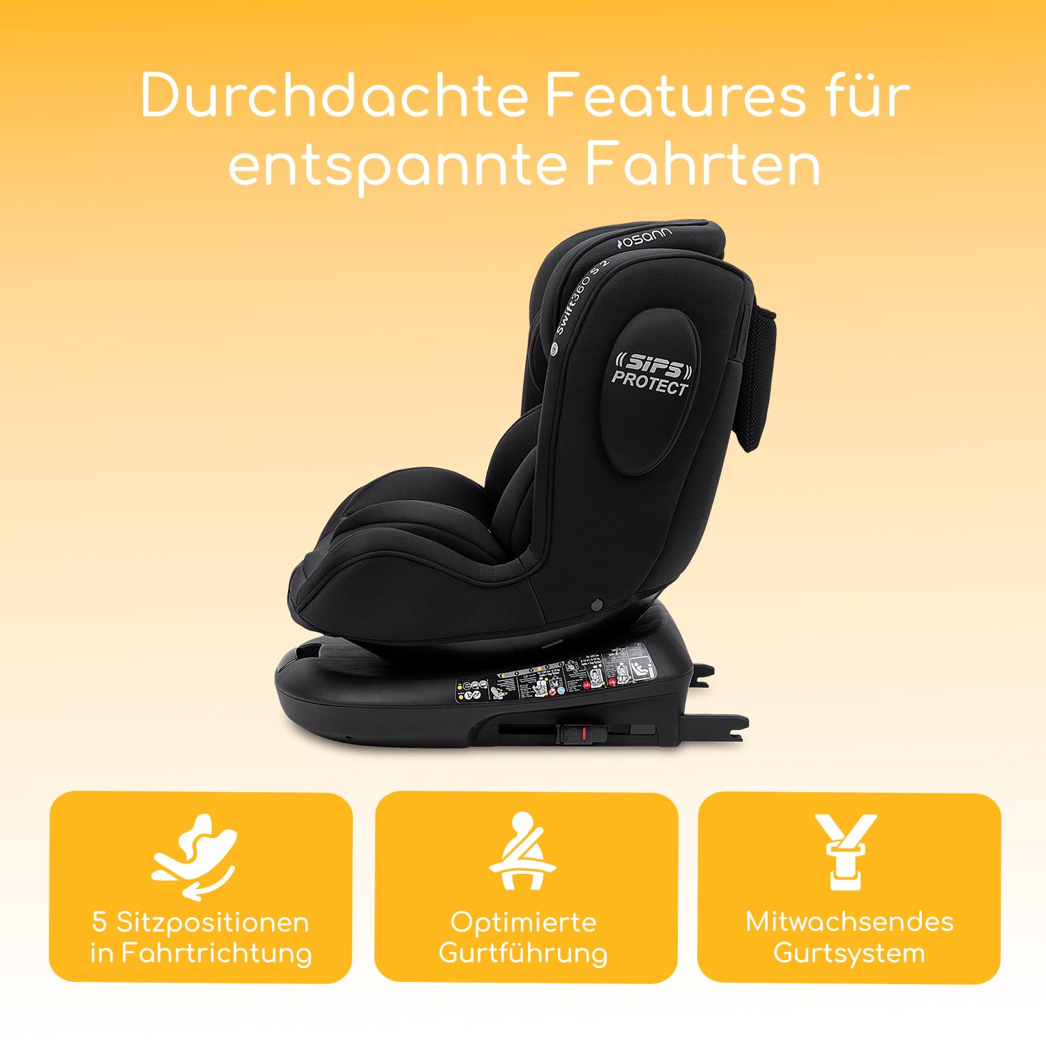 Osann Swift360 S 2 Reboarder 360 drehbar mit Isofix, Kindersitz ab 1 Jahr | Kinderautositz 76-150 cm, drehbarer Kindersitz 9-36 kg mit Isofix, erleichtert das Anschnallen, bequem & sicher - All Black