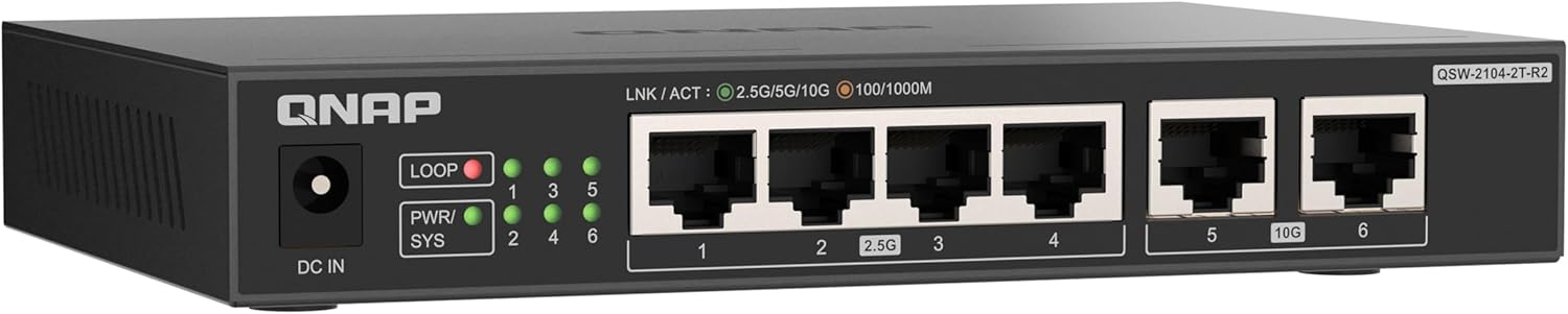 QNAP Switch QSW-2104-2T-R2 | 2X 10GbE, 4X 2.5GbE, Plug & Play Unmanaged, Fanless