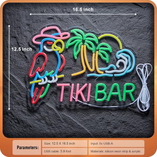 Image of Tiki Bar Parrot Neon Sign Hawaii Bar Palm Tree Beach Wave LED Light