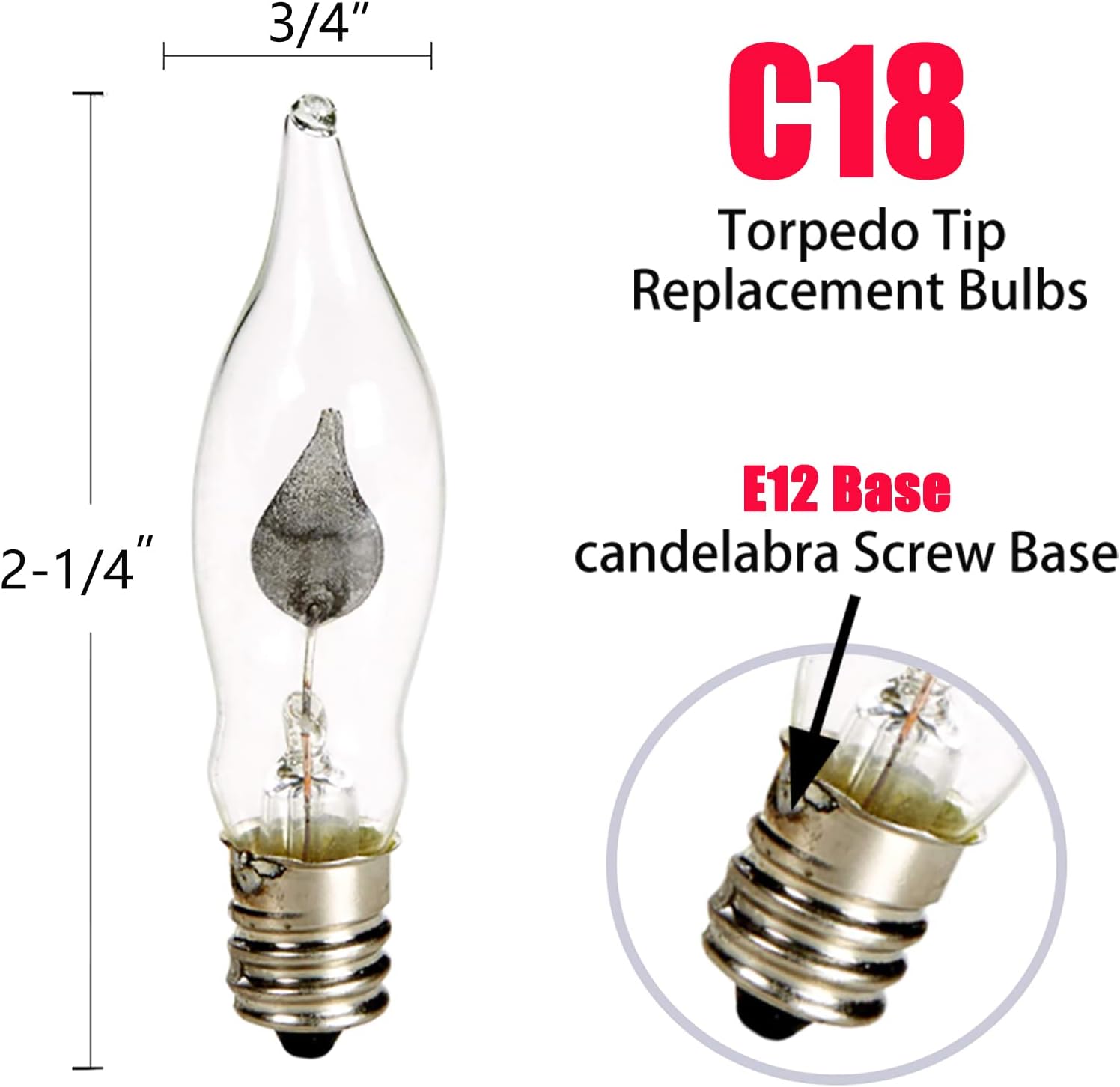 Halloween Flicker Flame Light Bulbs, Clear Flame Tip Candelabra Bulbs, Christmas Window Candles Replacement Bulbs with Orange Flame, 1 Watt, E12 Candelabra Base, 12 Pack